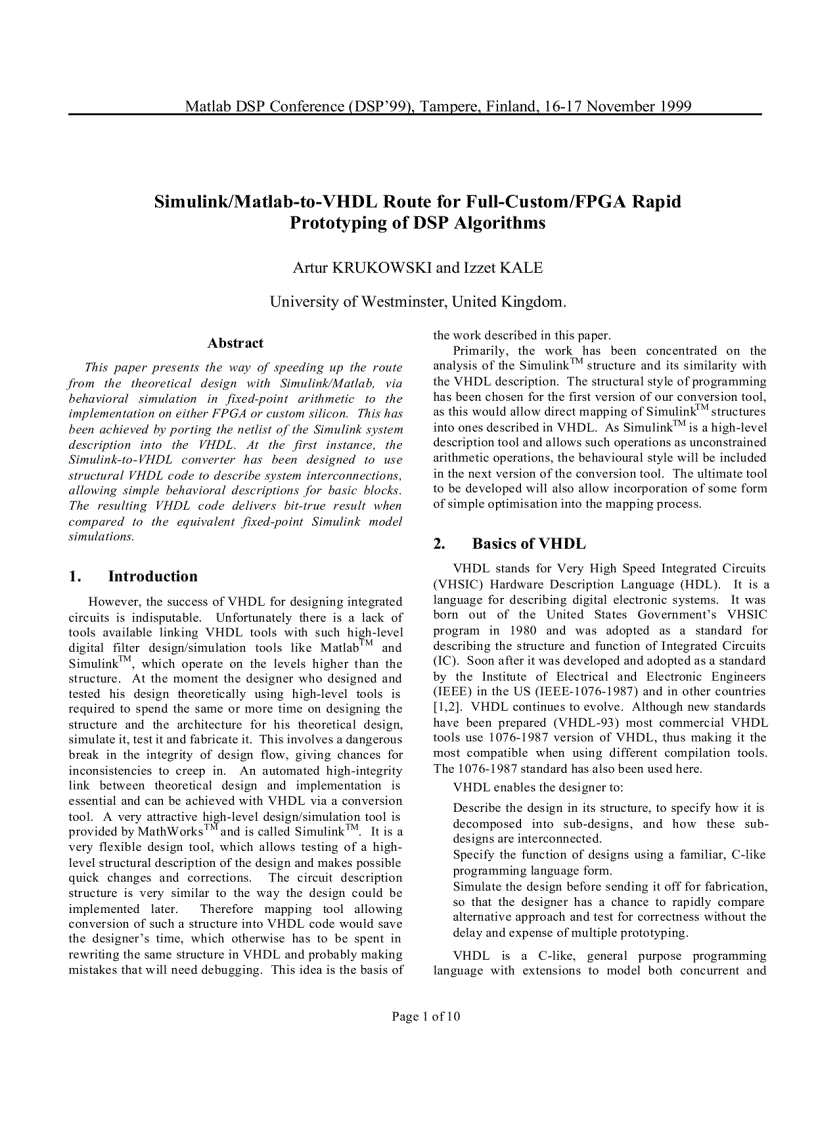 Simulink Matlab to VHDL Route for Full Custom FPGA Rapid Prototyping of DSP Algorithms