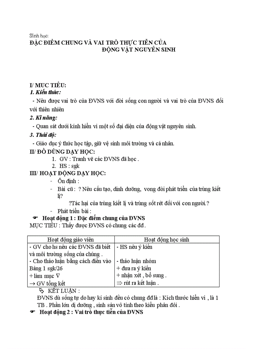 Sinh học ĐẶC ĐIỂM CHUNG VÀ VAI TRÒ THỰC TIỄN CỦA ĐỘNG VẬT NGUYÊN SINH
