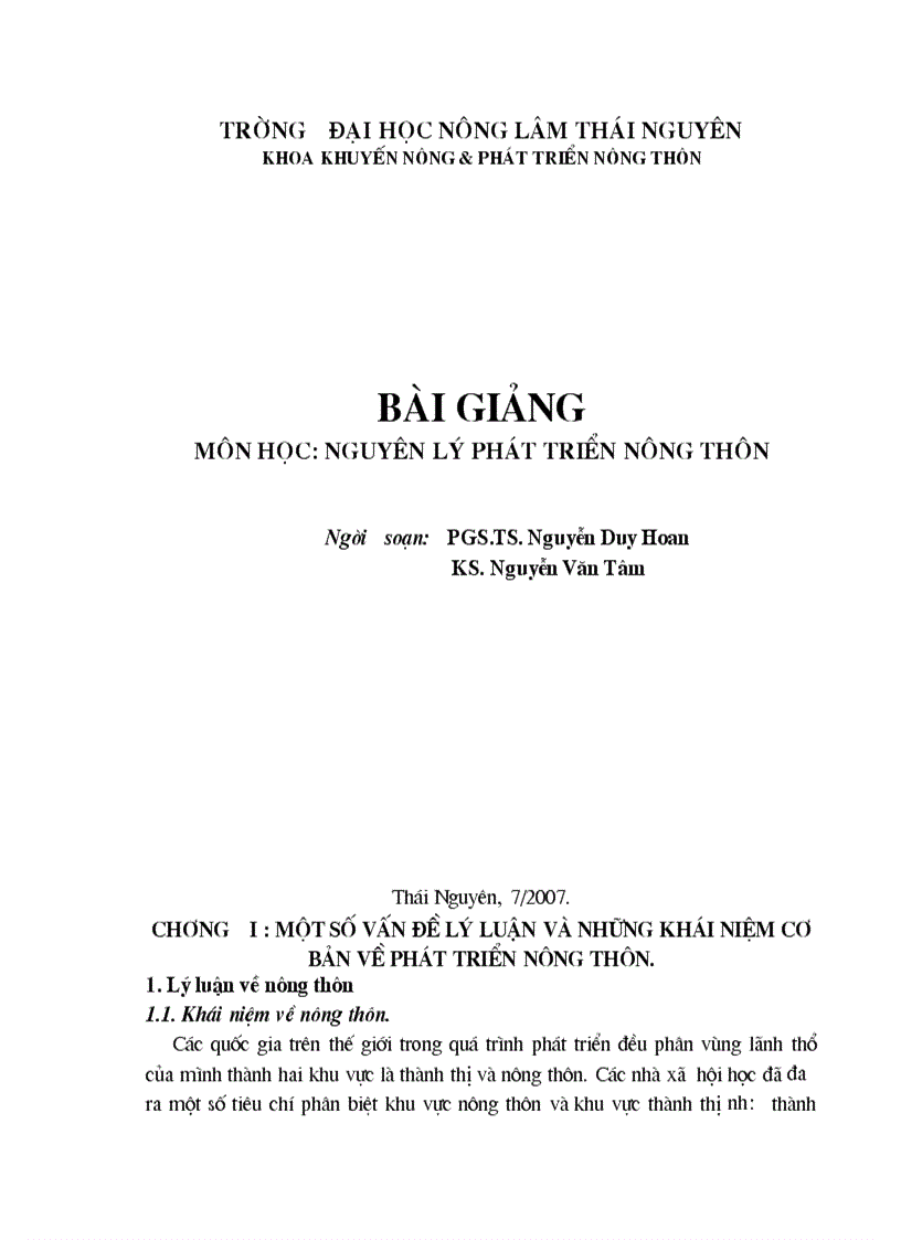 Bài giảng Nguyên lý phát triển nông thôn