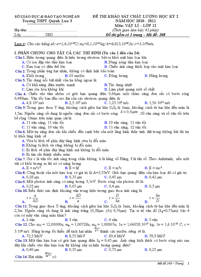 THPT Quỳnh Lưu 3 NGHỆ AN ĐỀ THI KHẢO SÁT CHẤT LƯỢNG HỌC KỲ 2 2010 2011