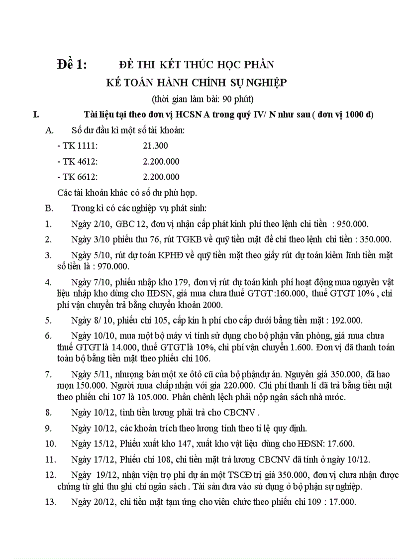 Đề thi kế toán hành chính sụ nghiệp