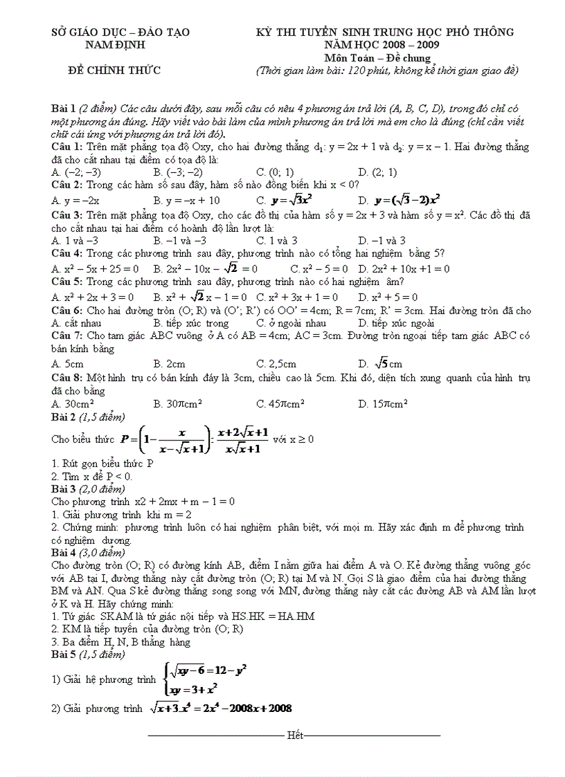 Đề thi tuyển sinh lớp 10 môn Toán Sở GDĐT Nam Định 2008 2009