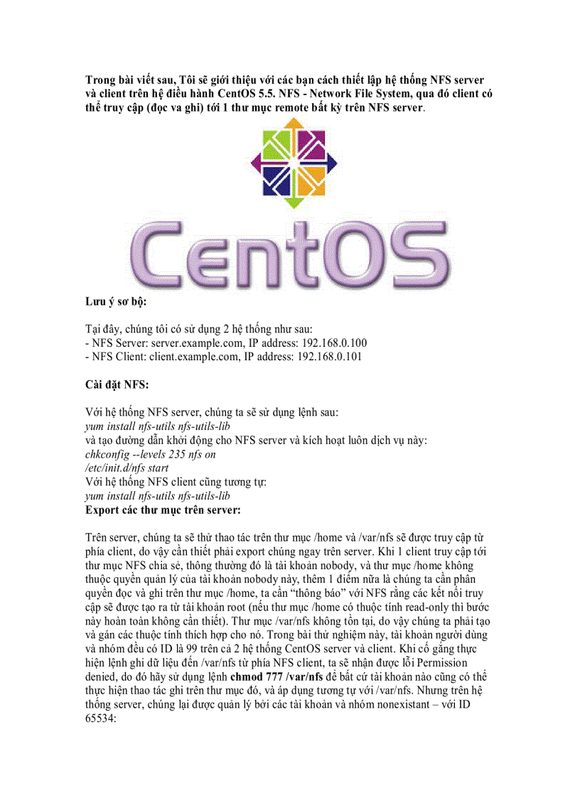 Hướng dẫn thiết lập hệ thống NFS Server và Client trên nền tảng CentOS 5 5