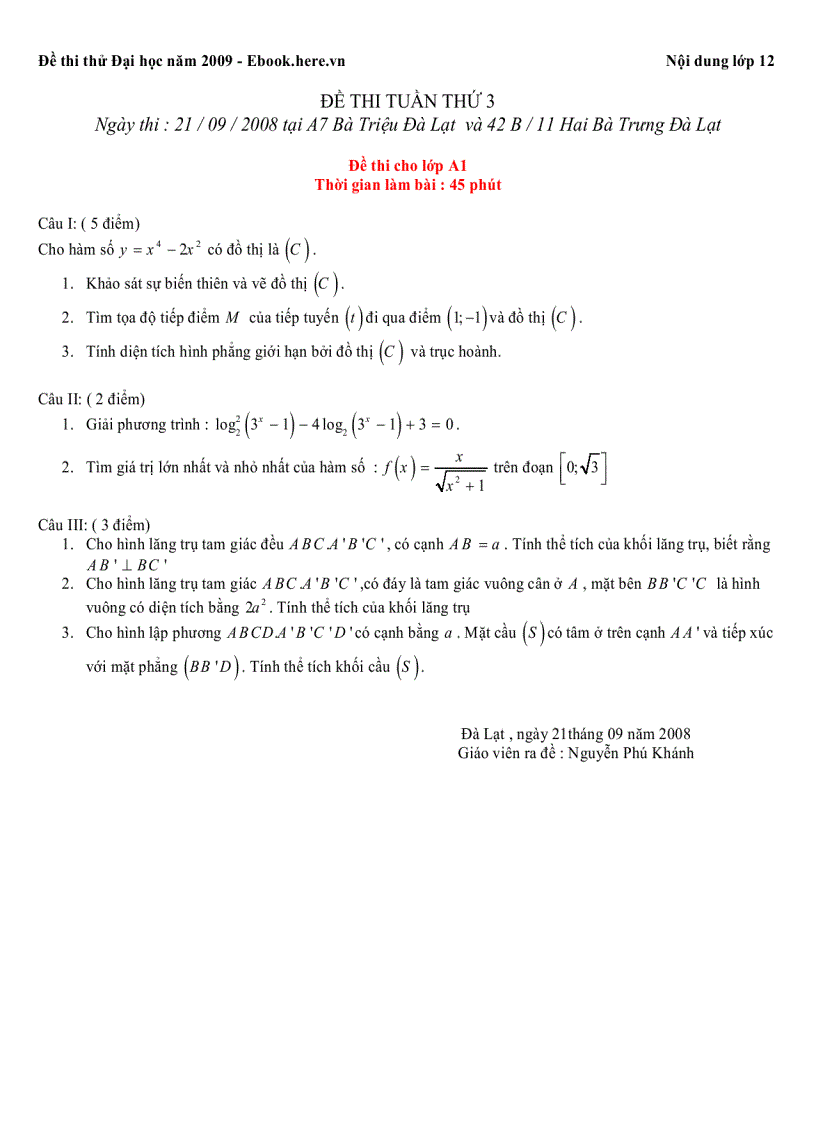 Đề Thi thử đại học năm 2009 Tuần 3 Đà Lạt