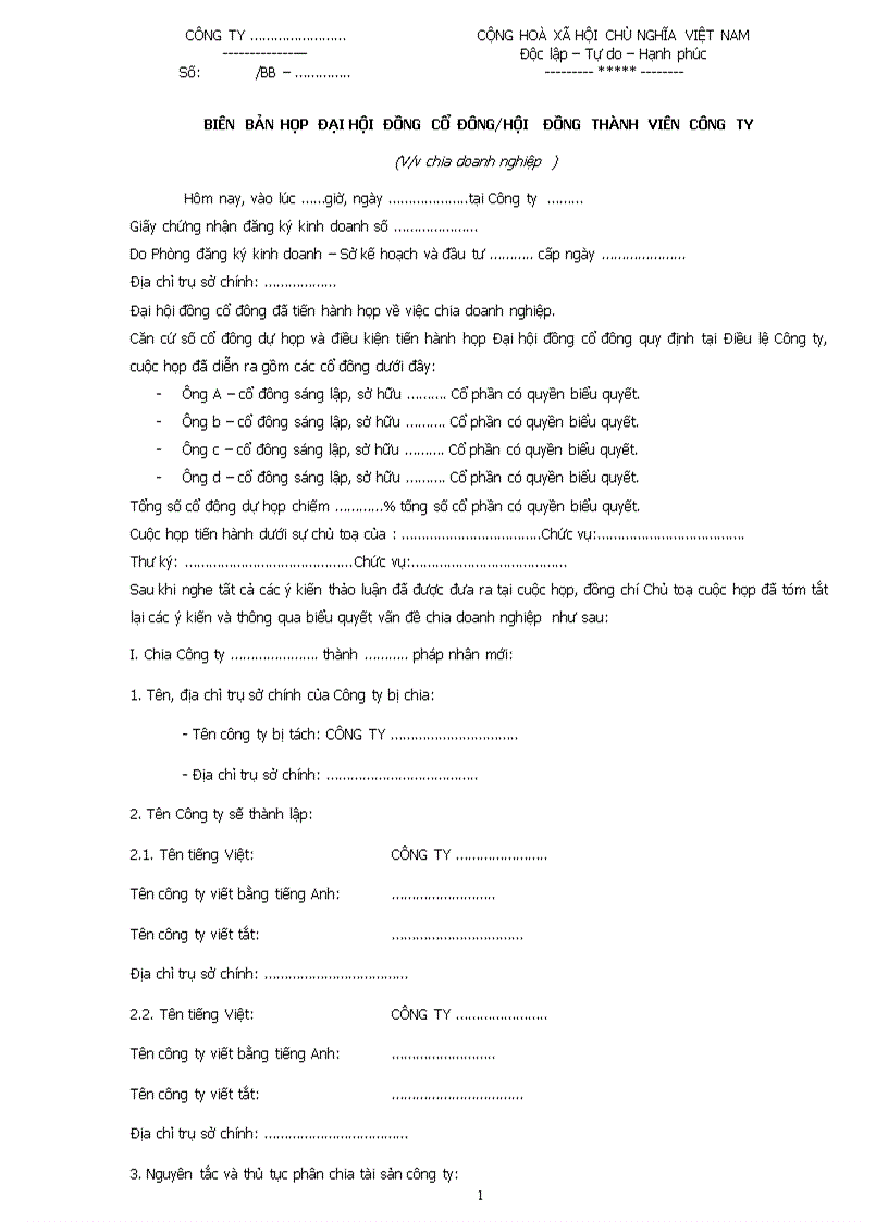 Biên bản họp đại hội đồng cổ đông về việc chia doanh nghiệp