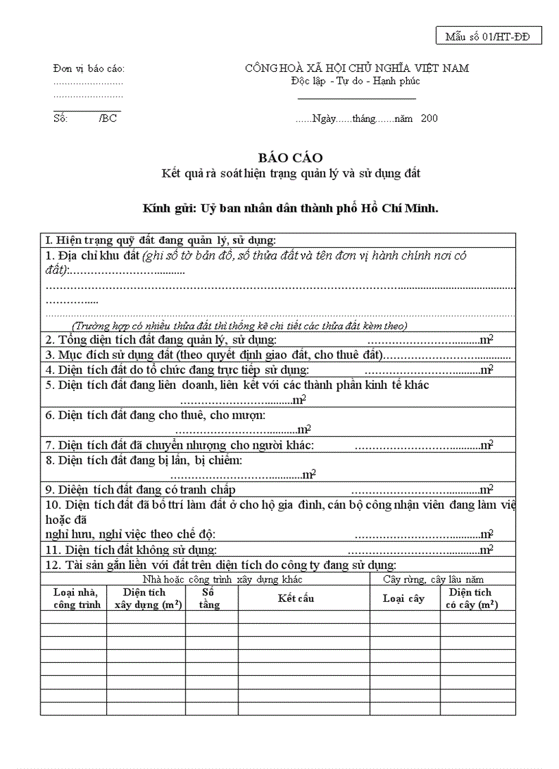 Mẫu Báo cáo kết quả rà soát hiện trạng quỹ đất đang quản lý sử dụng