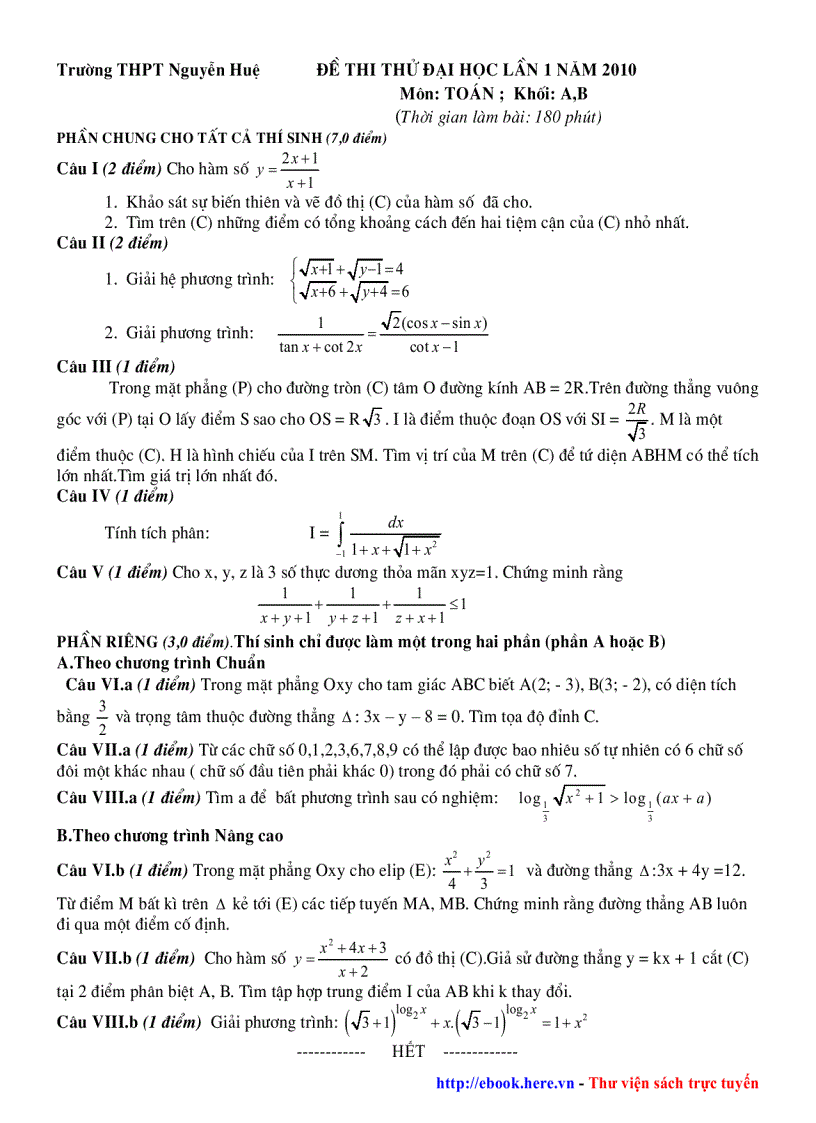 Đề Thi Thử ĐH Môn TOÁN Khối A B THPT Chuyên Nguyễn Huệ HN 2009 2010