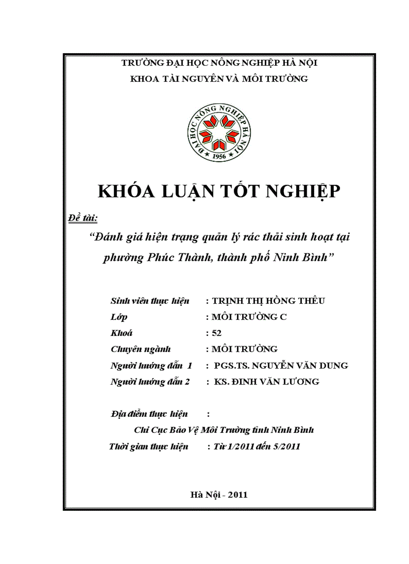 Đánh giá hiện trạng quản lý rác thải sinh hoạt tại phường Phúc Thành thành phố Ninh Bình 2011