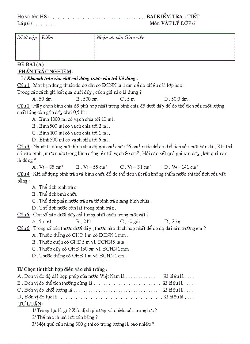 Đề kiểm tra 1 tiết môn Vật Lý lớp 6 THCS Đinh Tiên Hoàng Khánh Hòa 2007 2008 có 2 đề và đáp án