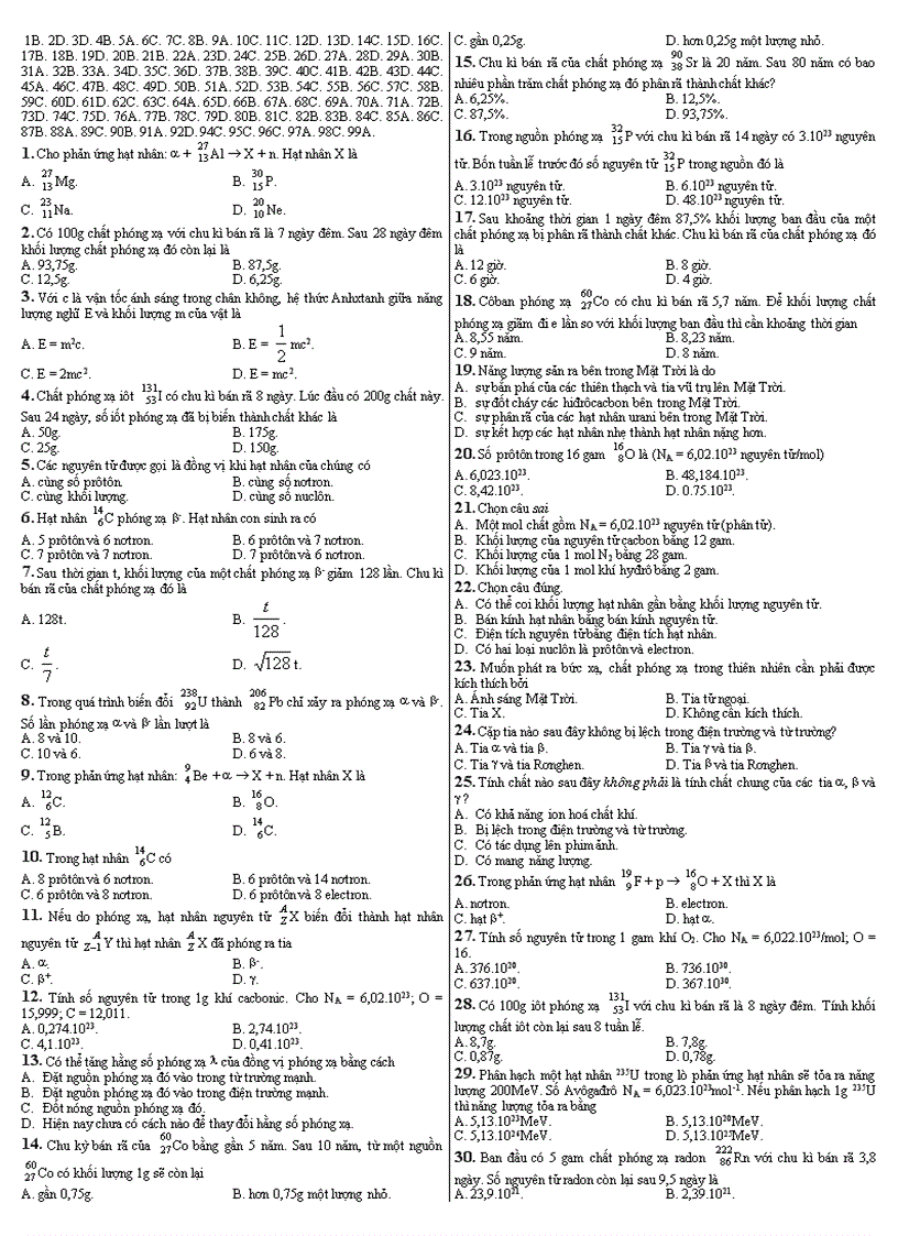 Tuyển tập trắc nghiệm vật lý hạt nhân có đáp án