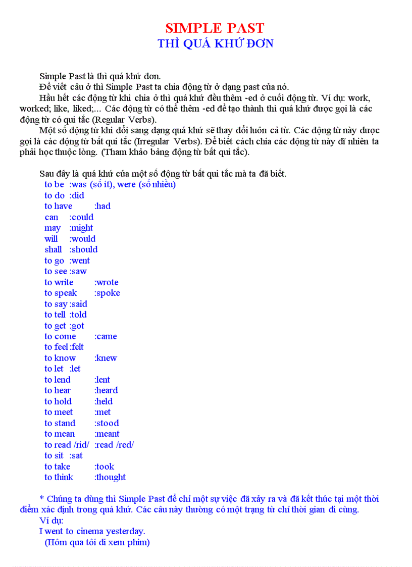 Simple past thì quá khứ đơn