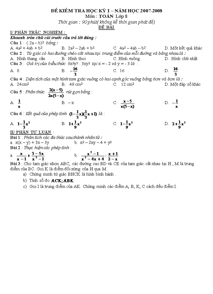 Đề thi HK I Toán 8 THCS NGuyễn Du Phú Yên 2007 2008