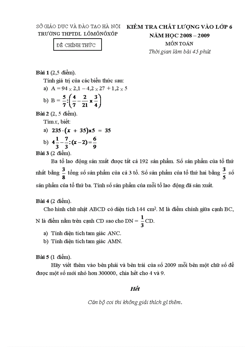 Đề thi kiểm tra chất lượng vào lớp 6 môn Toán THPTDL Lômônôxốp Hà Nội 2008 2009