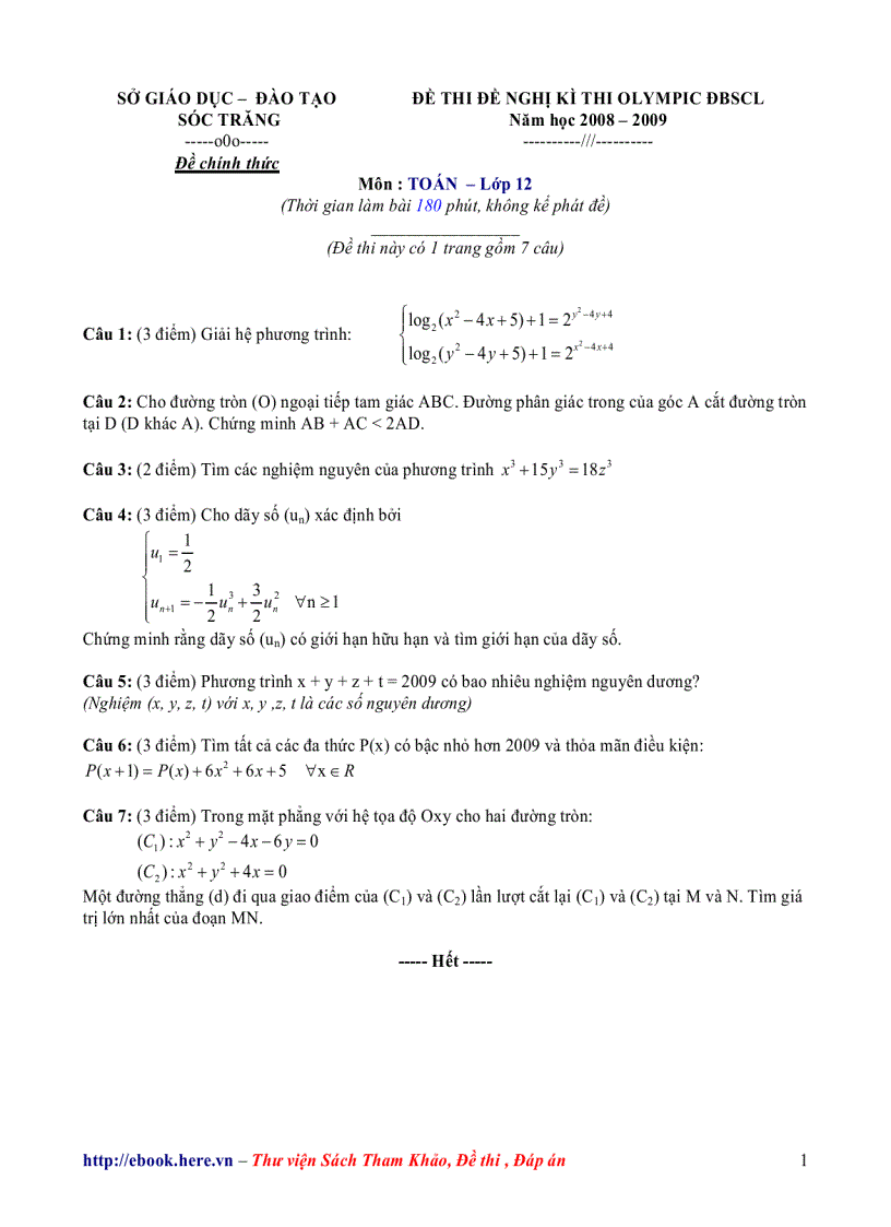 Đề thi chọn HSG TOÁN 12 Sóc Trăng 2008 2009