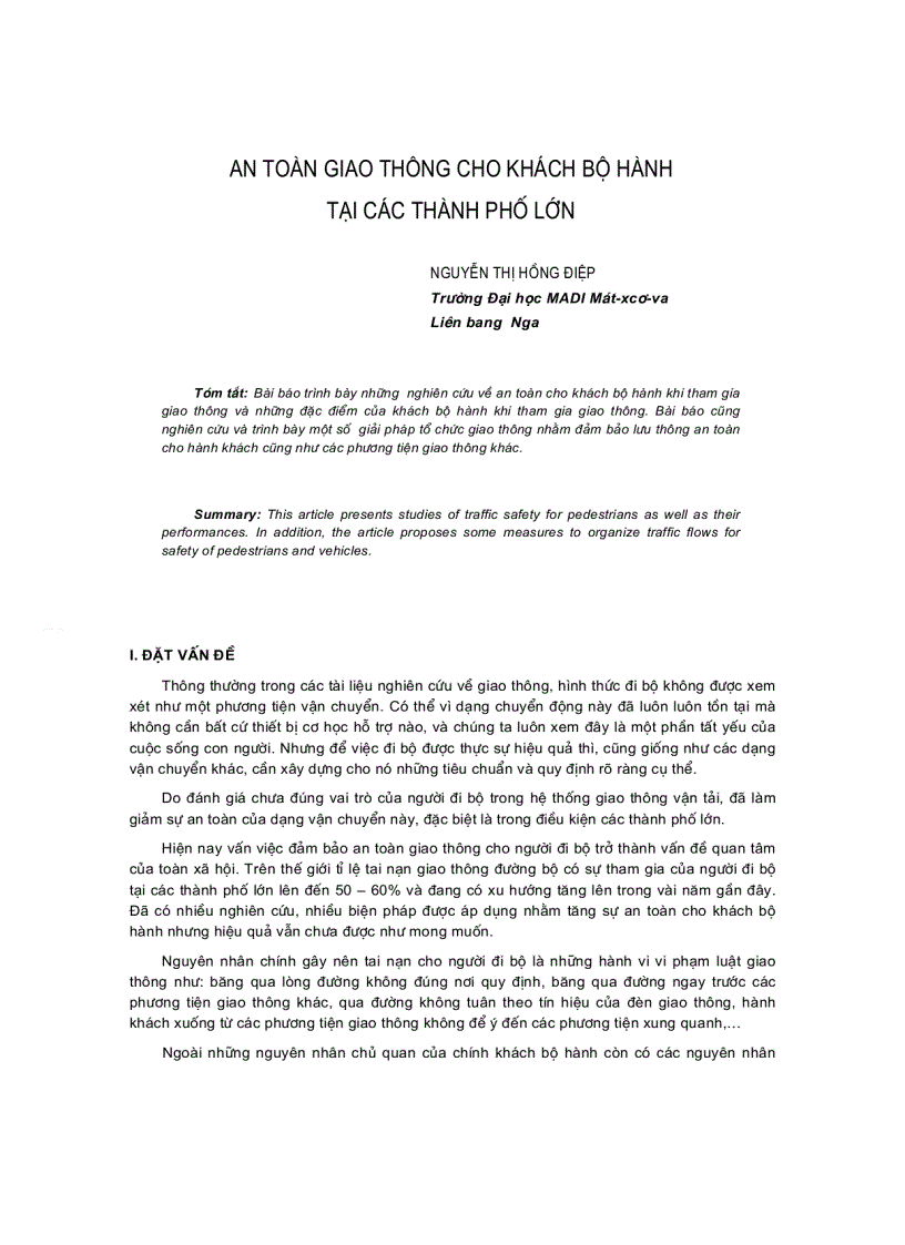 Báo cáo khoa học AN TOàN GIAO THÔNG CHO KHáCH Bộ HàNH TạI CáC THàNH PHố LớN