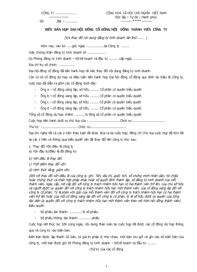 Biên bản họp về việc thay đổi vốn điều lệ công ty