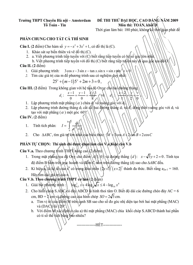 ĐỀ THI THỬ ĐẠI HỌC CAO ĐẲNG NĂM 2009 Môn thi TOÁN khối D