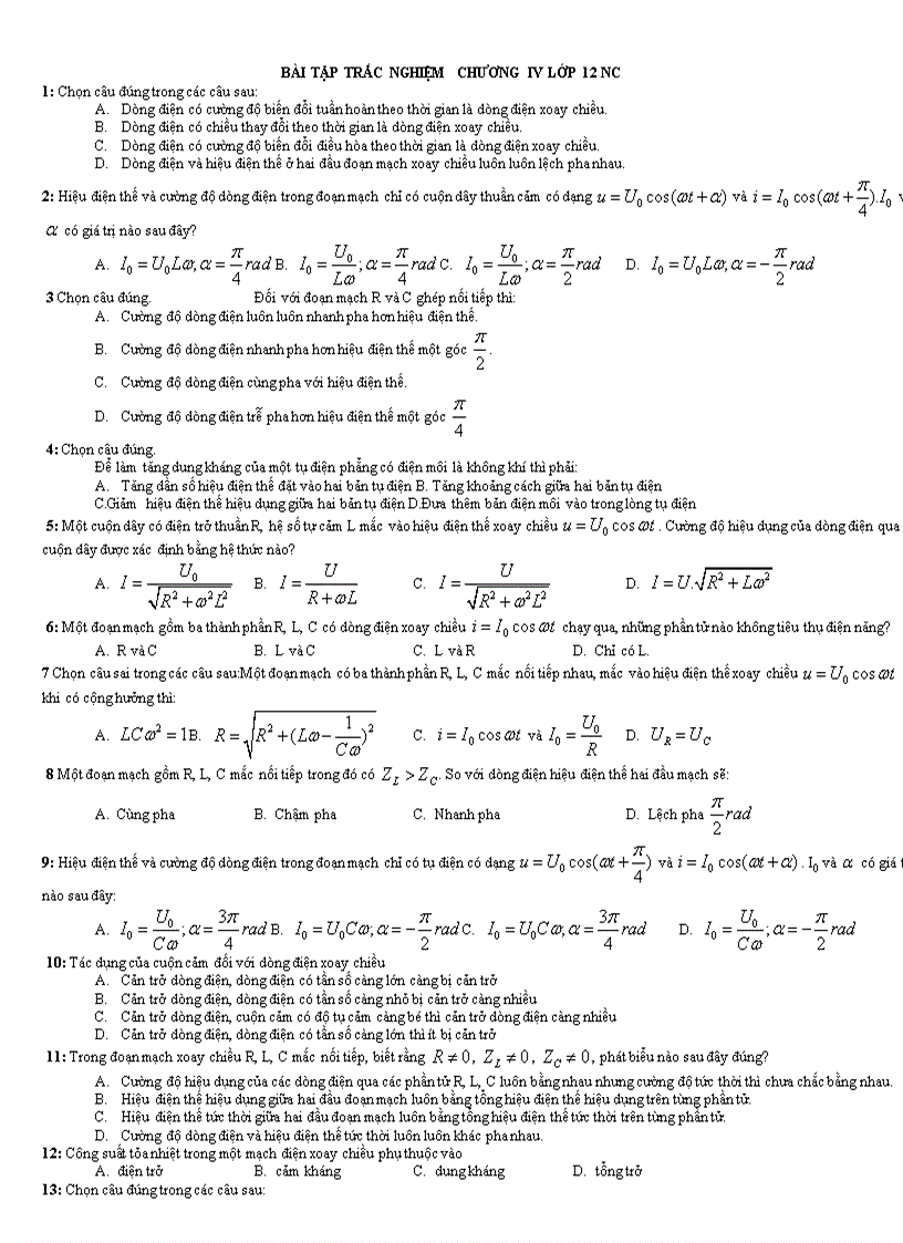 252 bài tập trắc nghiệm vật lý chương iv lớp 12 nâng cao