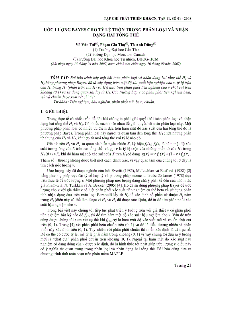 Báo cáo nghiên cứu khoa học ƯỚC LƯỢNG BAYES CHO TỶ LỆ TRỘN TRONG PHÂN LOẠI VÀ NHẬN DẠNG HAI TỔNG THỂ