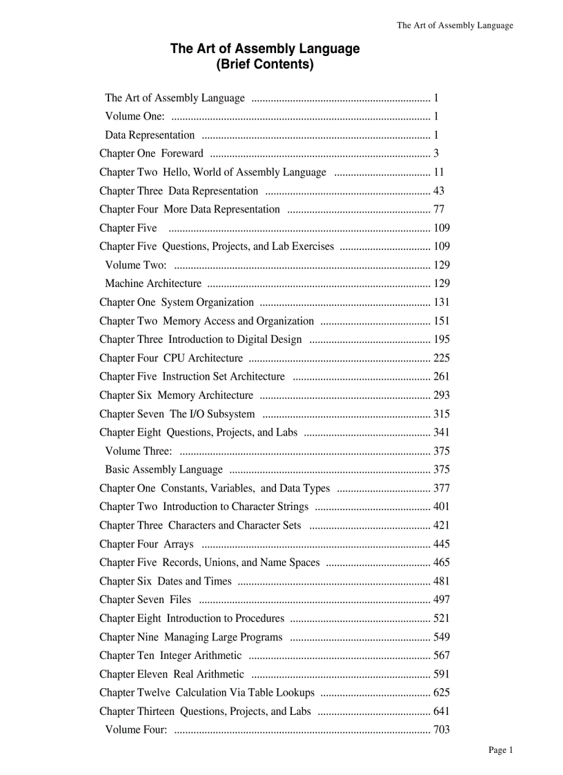 The Art of Assembly Language Brief Contents