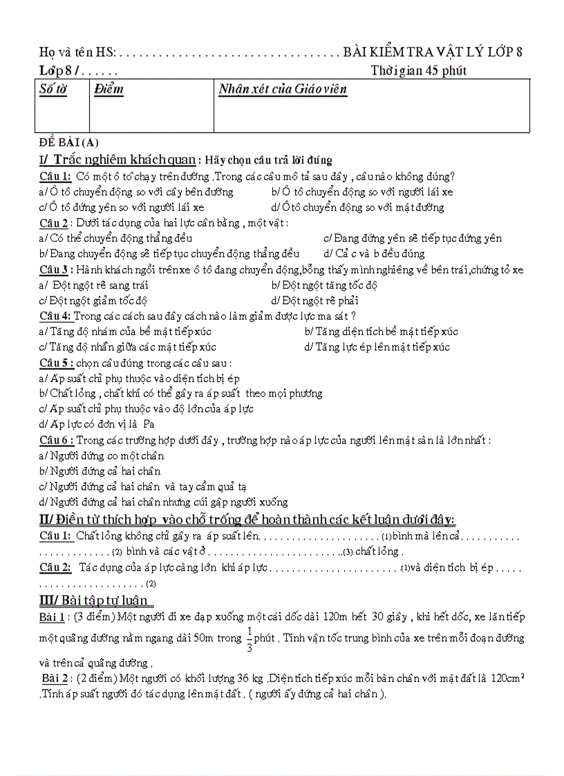 Đề thi Kiểm tra 1 tiết môn Vật Lý lớp 8 THCS Đinh Tiên Hoàng Khánh Hòa 2008 2009 có 2 đề và đáp án