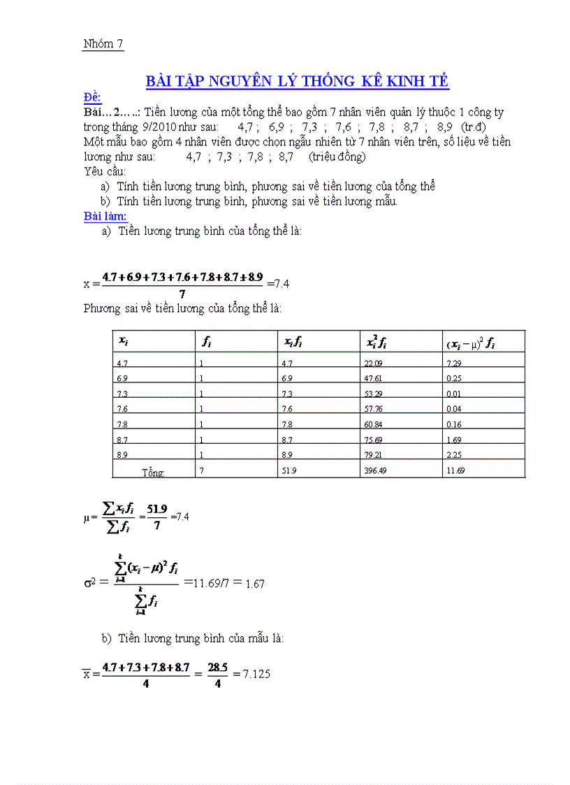 Bài tập nguyên lý thống kê kinh tế