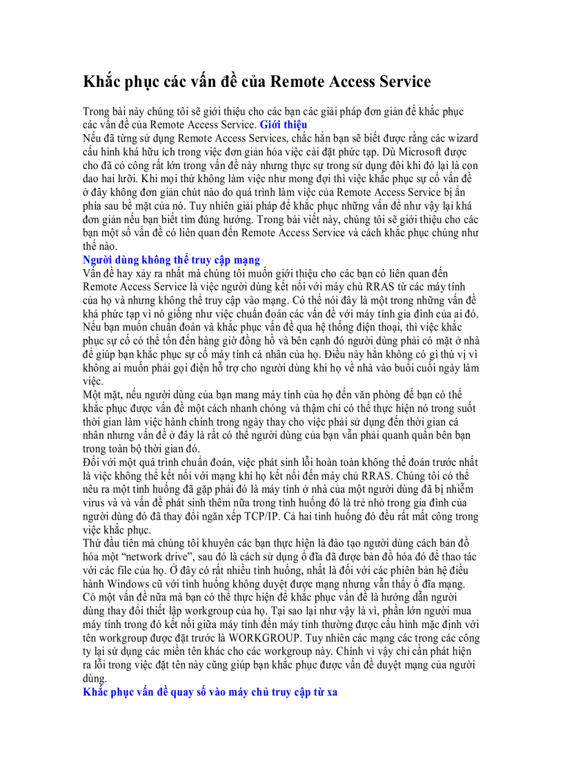 Khắc phục các vấn đề của Remote Access Service