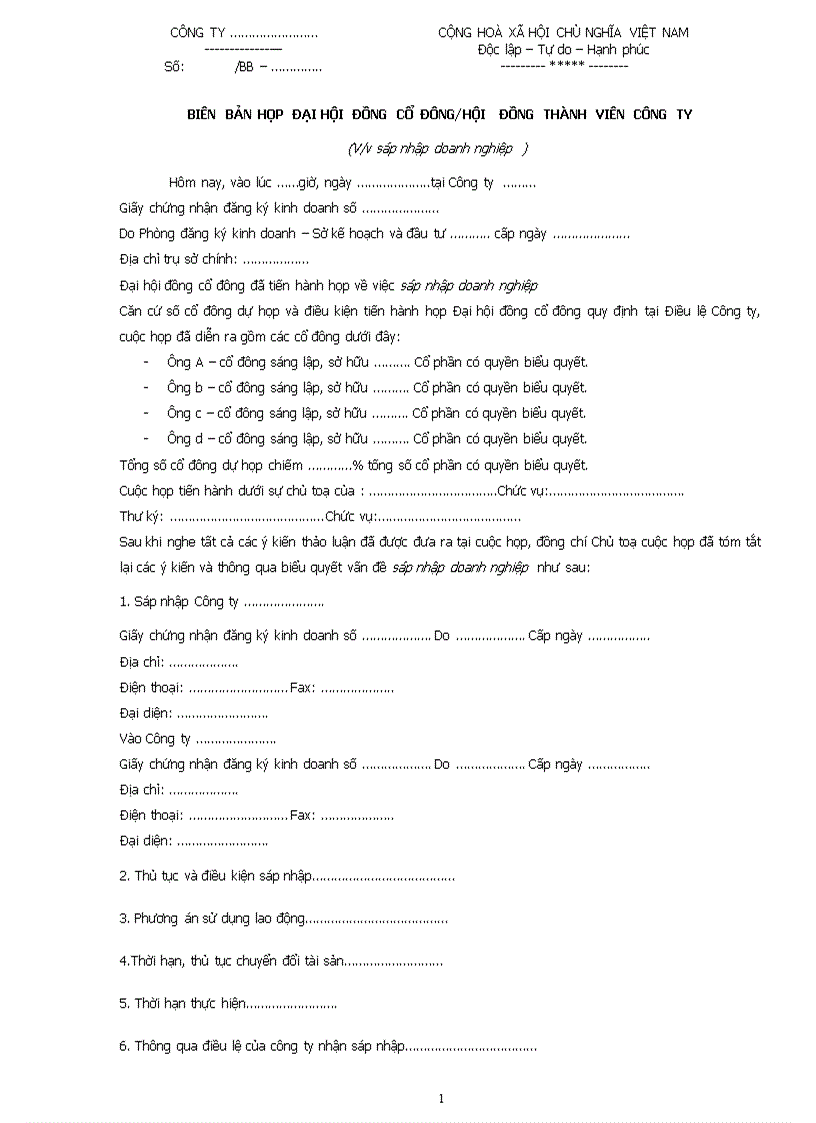 Biên bản họp về việc sáp nhập doanh nghiệp
