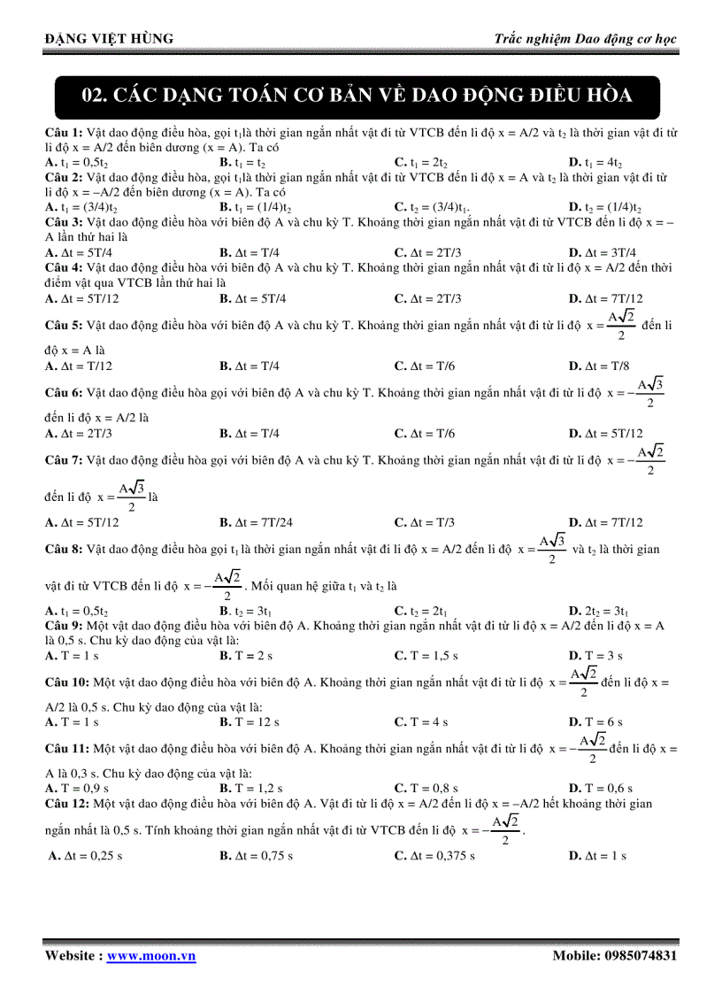 TRẮC NGHIỆM TỔNG HƠP CÁC DẠNG TOÁN CƠ BẢN VỀ DAO ĐỘNG ĐIỀU HOÀ Đặng Việt Hùng