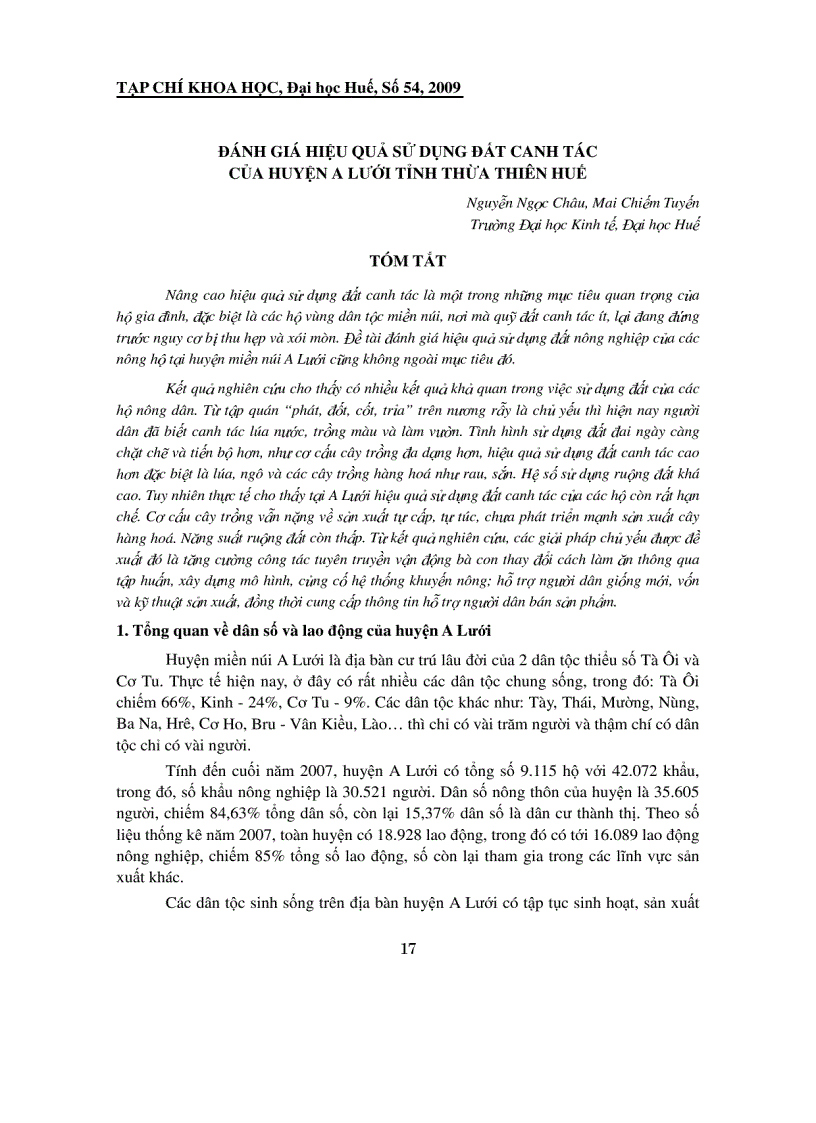 Báo cáo nghiên cứu khoa học ĐÁNH GIÁ HIỆU QUẢ SỬ DỤNG ĐẤT CANH TÁC CỦA HUYỆN A LƯỚI TỈNH THỪA THIÊN HUẾ