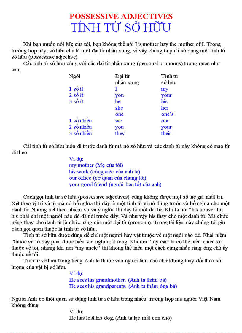 Possessive adjectives tính từ sở hữu