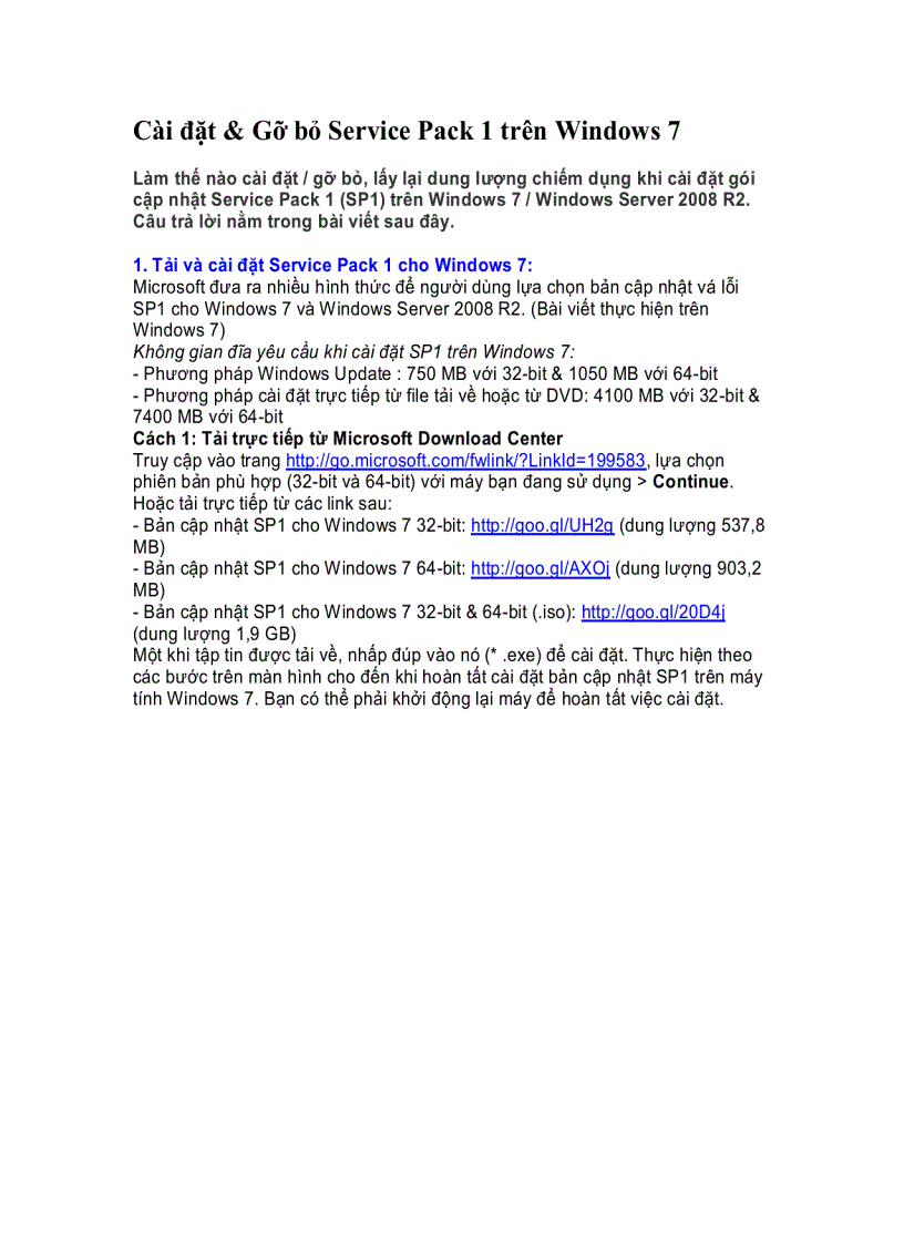 Cài đặt Gỡ bỏ Service Pack 1 trên Windows 7