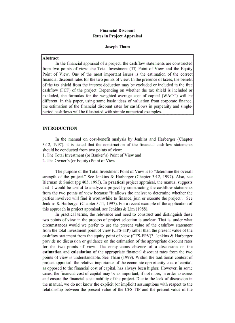 Financial Discount Rates in Project Appraisal