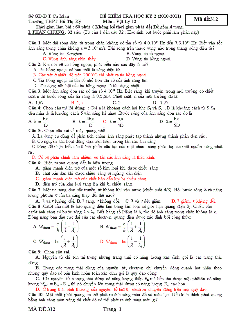 Sở GD Đ T Cà Mau ĐỀ KIỂM TRA HỌC KỲ 2 2010 2011 VẬT LÝ