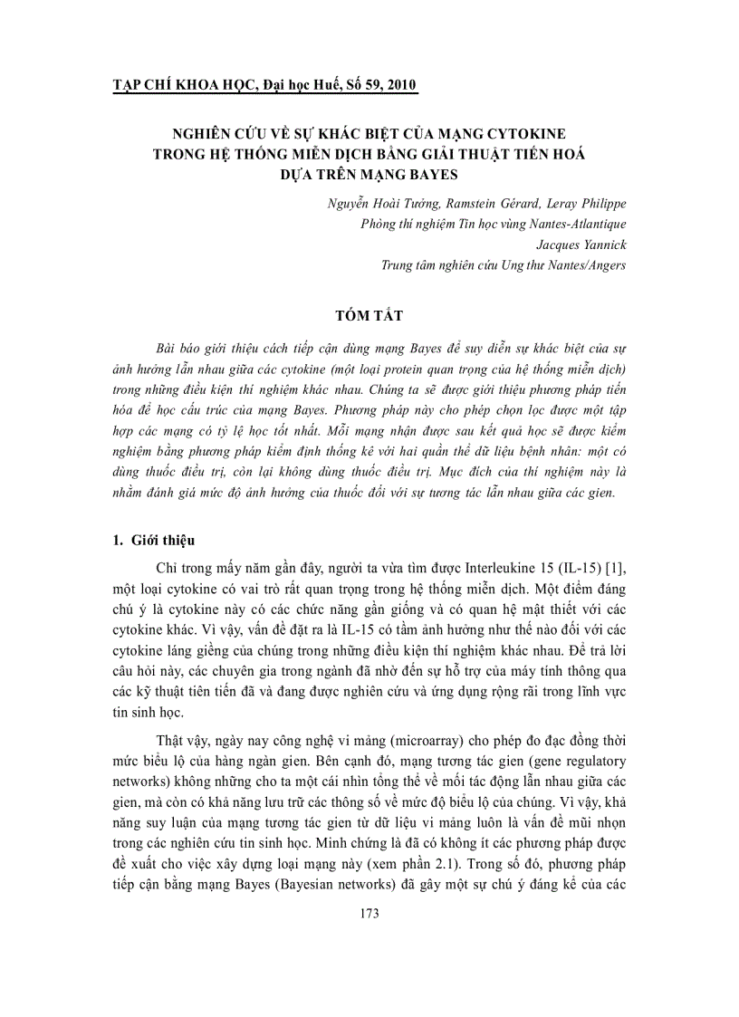 Báo cáo nghiên cứu khoa học NGHIÊN CỨU VỀ SỰ KHÁC BIỆT CỦA MẠNG CYTOKINE TRONG HỆ THỐNG MIỄN DỊCH BẰNG GIẢI THUẬT TIẾN HOÁ DỰA TRÊN MẠNG BAYES