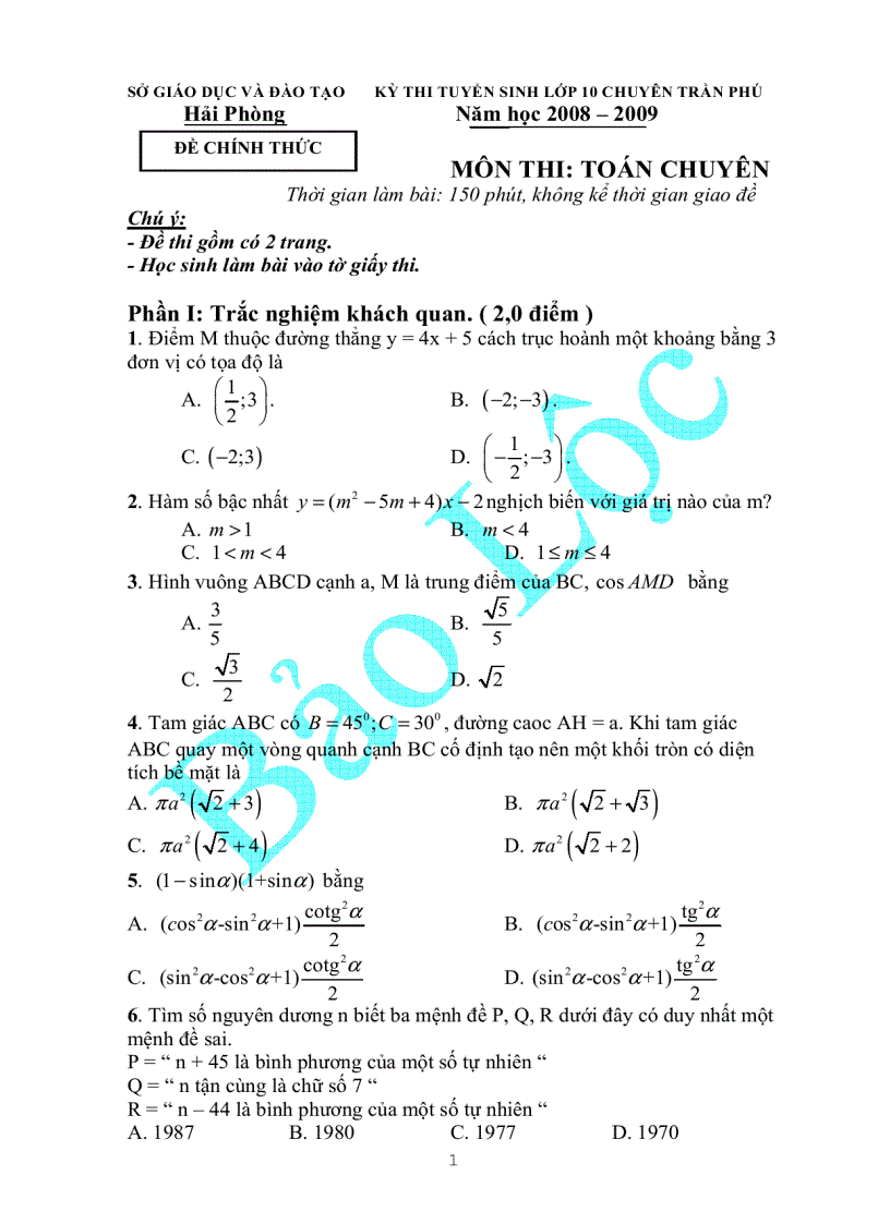 Đề thi tuyển sinh lớp 10 chuyên Trần Phú Hải Phòng 2008 2009