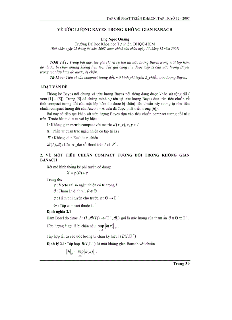 Báo cáo nghiên cứu khoa học VỀ ƯỚC LƯỢNG BAYES TRONG KHÔNG GIAN BANACH