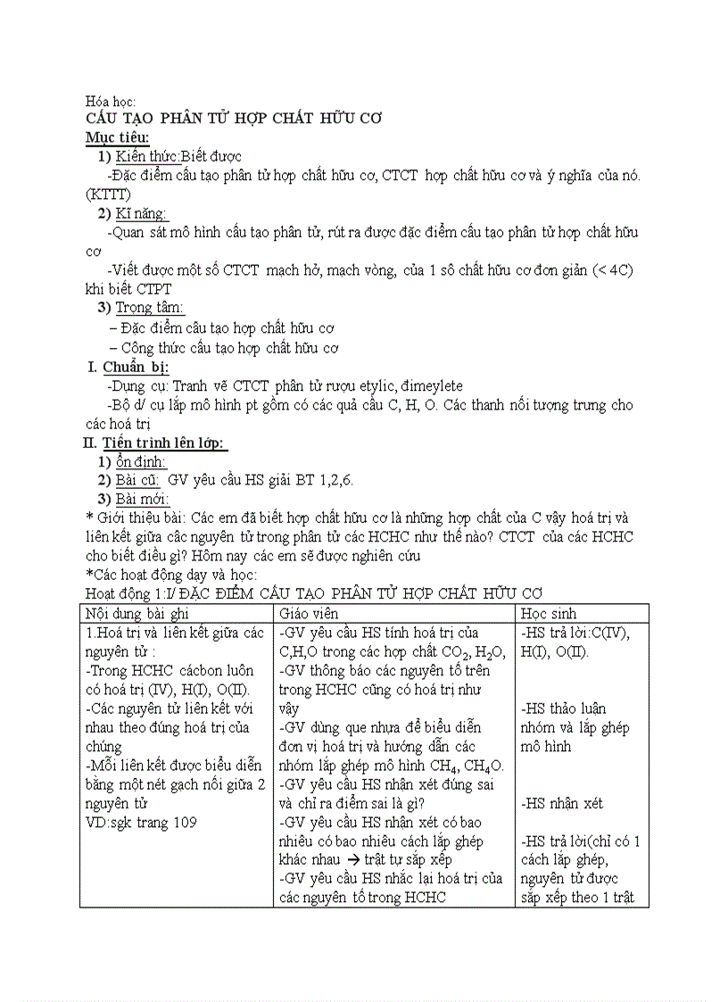 Hóa học CẤU TẠO PHÂN TỬ HỢP CHẤT HỮU CƠ