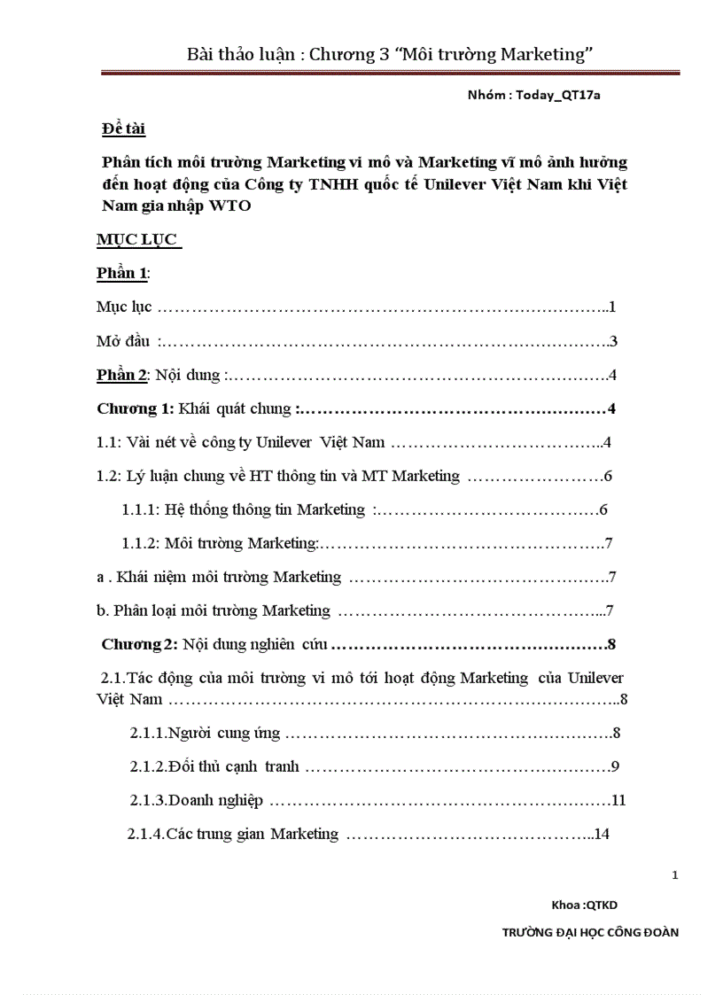 Phân tích môi trường Marketing vi mô và Marketing vĩ mô ảnh hưởng đến hoạt động của Công ty TNHH quốc tế Unilever Việt Nam khi Việt Nam gia nhập WTO
