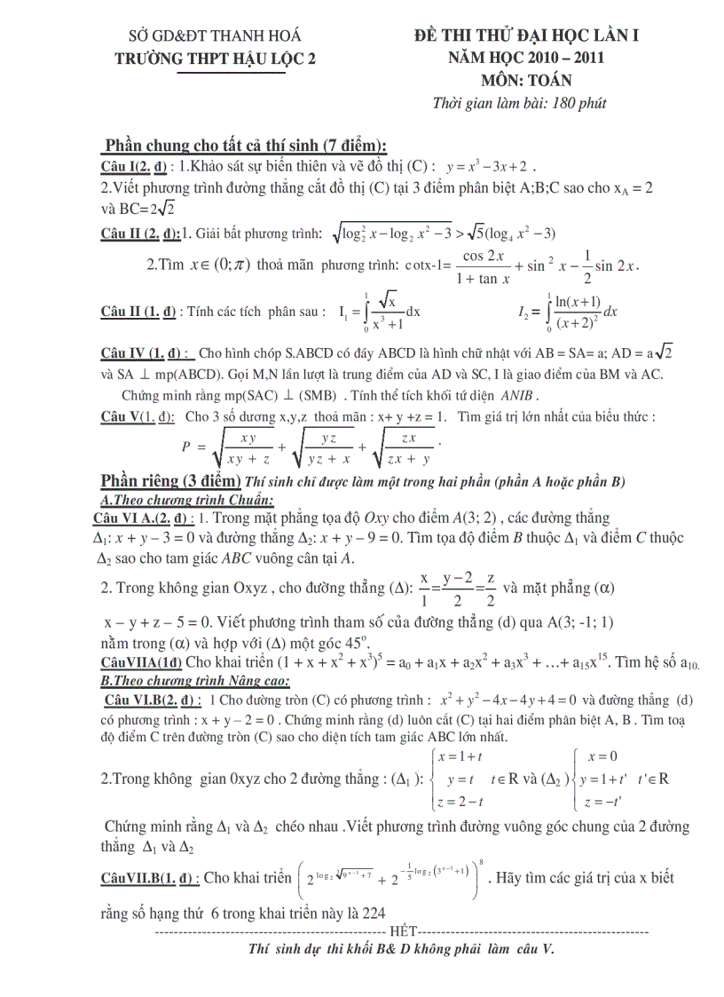 Thi thử ĐH lần 1 2011 THPT Lộc Hậu 2 Thanh Hóa