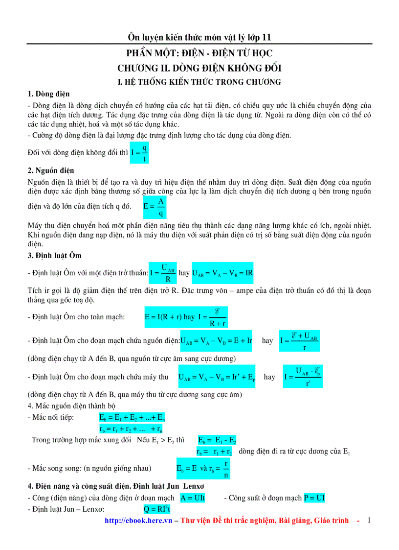 Chương 2 Dòng Điện Không Đổi Ôn Tập VẬT LÍ 11