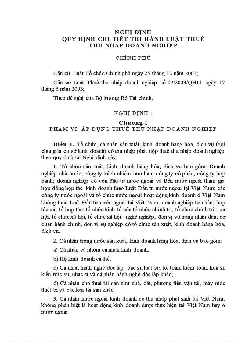 Nghị định quy định chi tiết thi hành luật thuế thu nhập doanh nghiệp