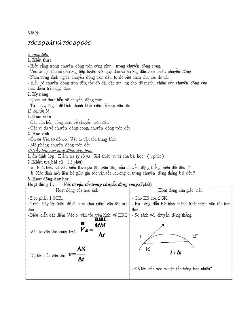 Vật lý TỐC ĐỘ DÀI VÀ TỐC ĐỘ GÓC