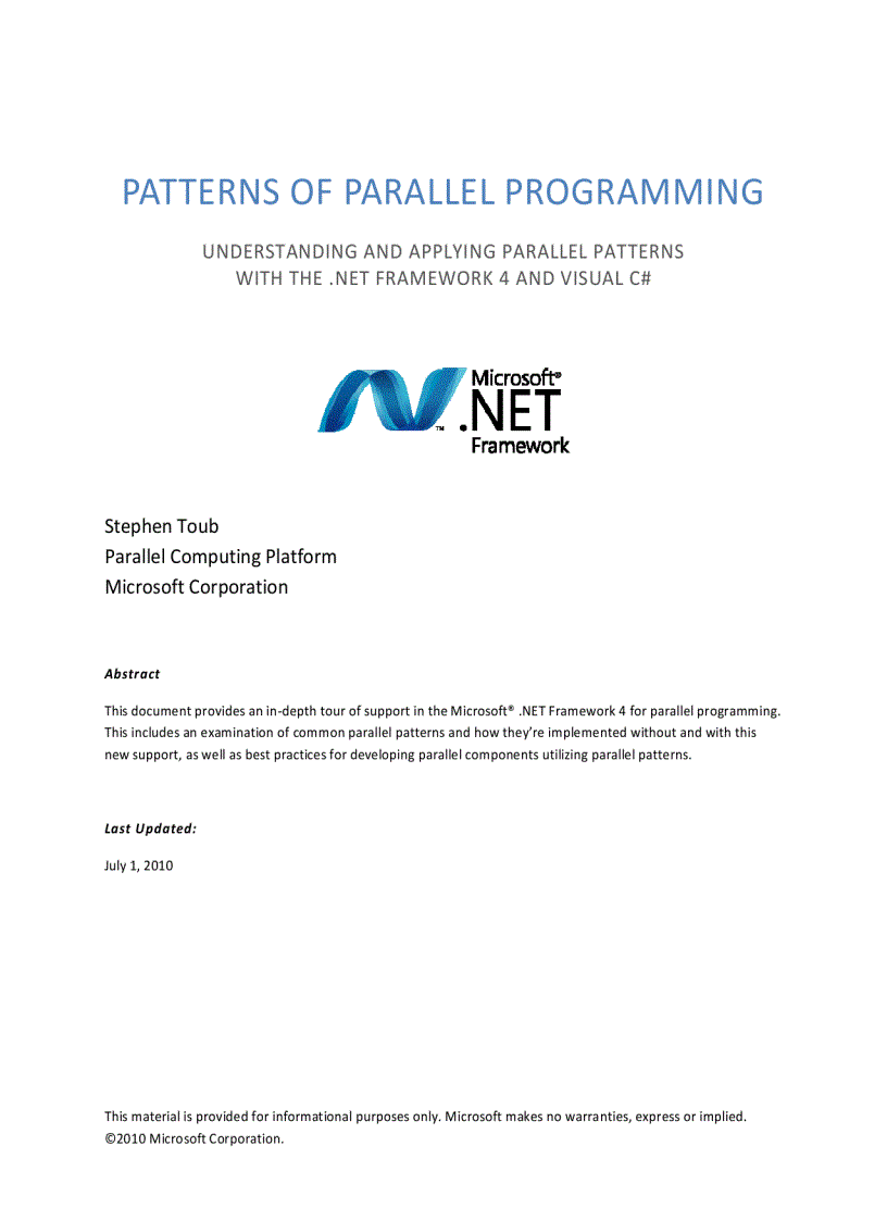 Patterns of parallel programming understanding and applying parallel patterns with the net framework 4 and visual c