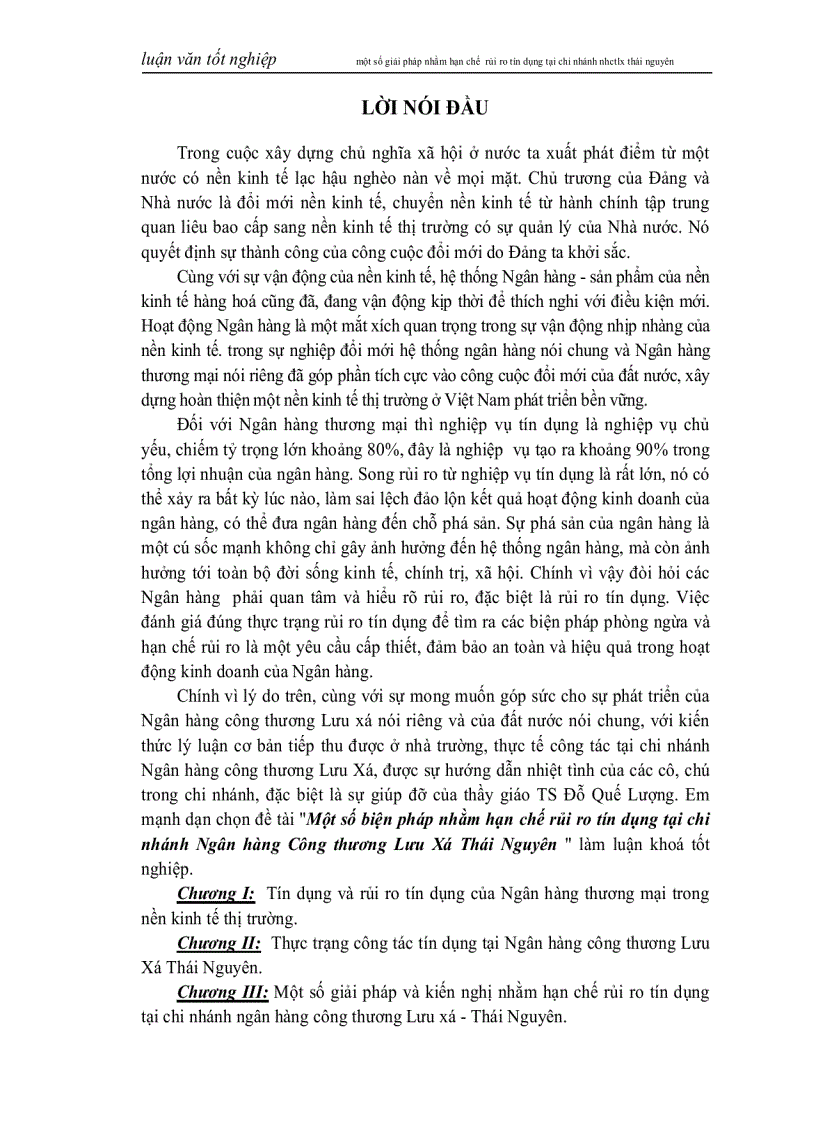 Luận văn tốt nghiệp một số giải pháp nhằm hạn chế rủi ro tín dụng tại ngân hàng thương mại