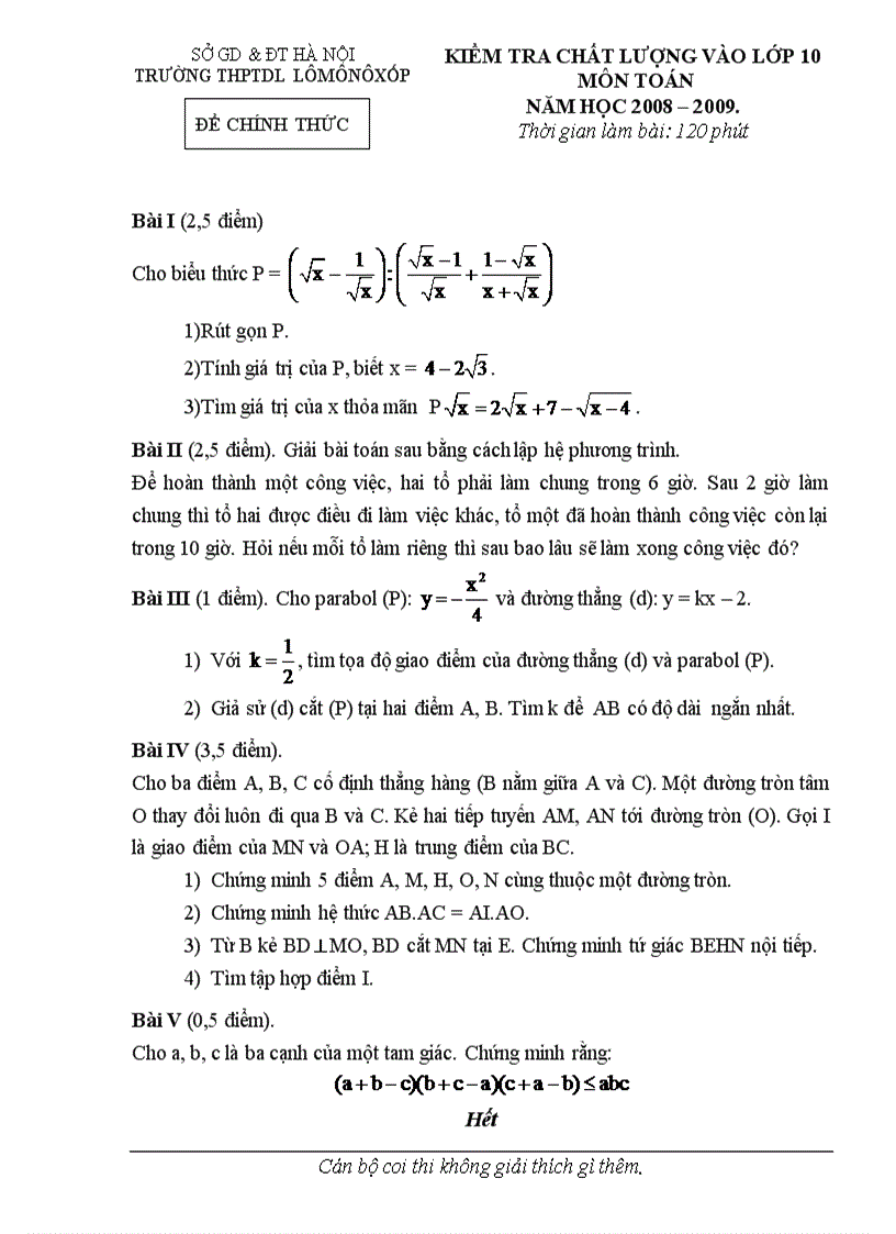 Đề thi kiểm tra chất lượng vào lớp 10 môn Toán THPTDL Lômônôxốp Hà Nội 2008 2009