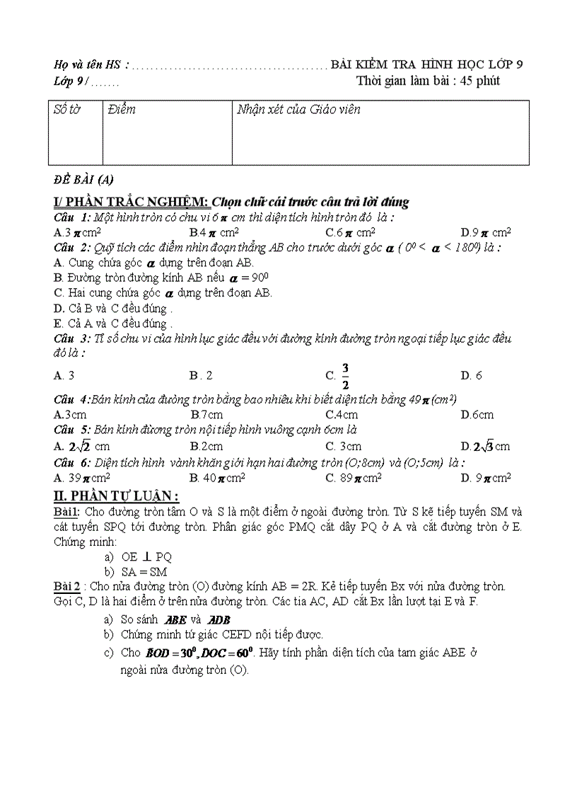 Đề thi Kế toán 1 tiết môn Hình học 9 THCS Đinh Tiên Hoàng Khánh Hòa 2007 2008