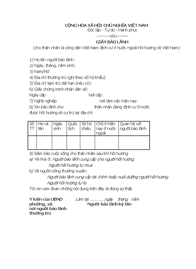 Giấy bảo lãnh cho người định cư ở nước ngoài hồi hương