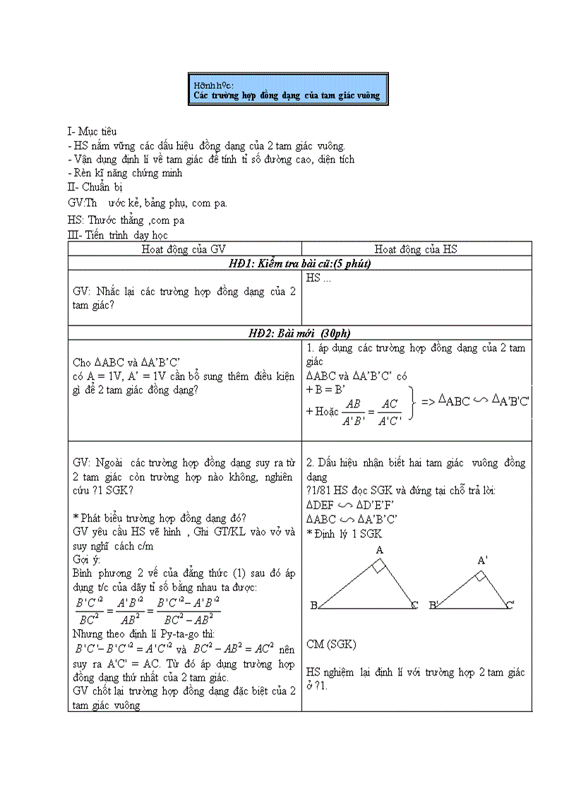 Hình học Các trường hợp đồng dạng của tam giác vuông