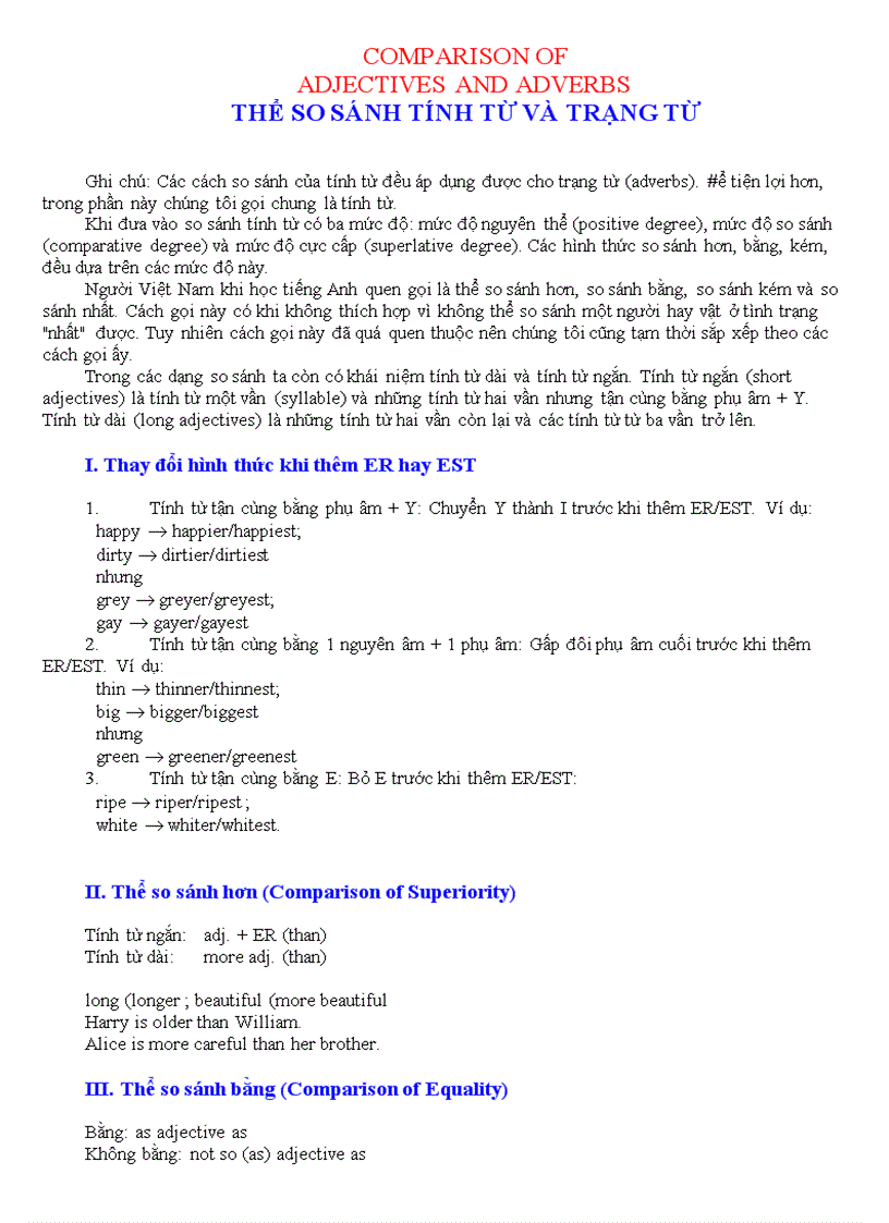 Comparison of adjectives and adverbs thể so sánh tính từ và trạng từ